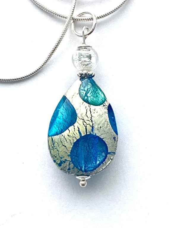  Murano glass pendant with aquamarine and silver teardrop with sterling silver.