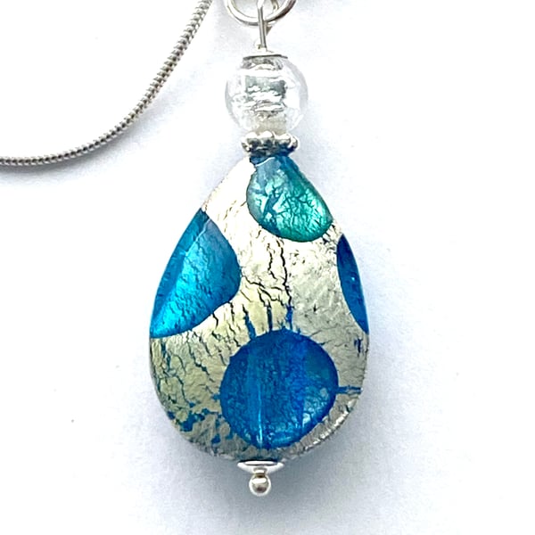  Murano glass pendant with aquamarine and silver teardrop with sterling silver.