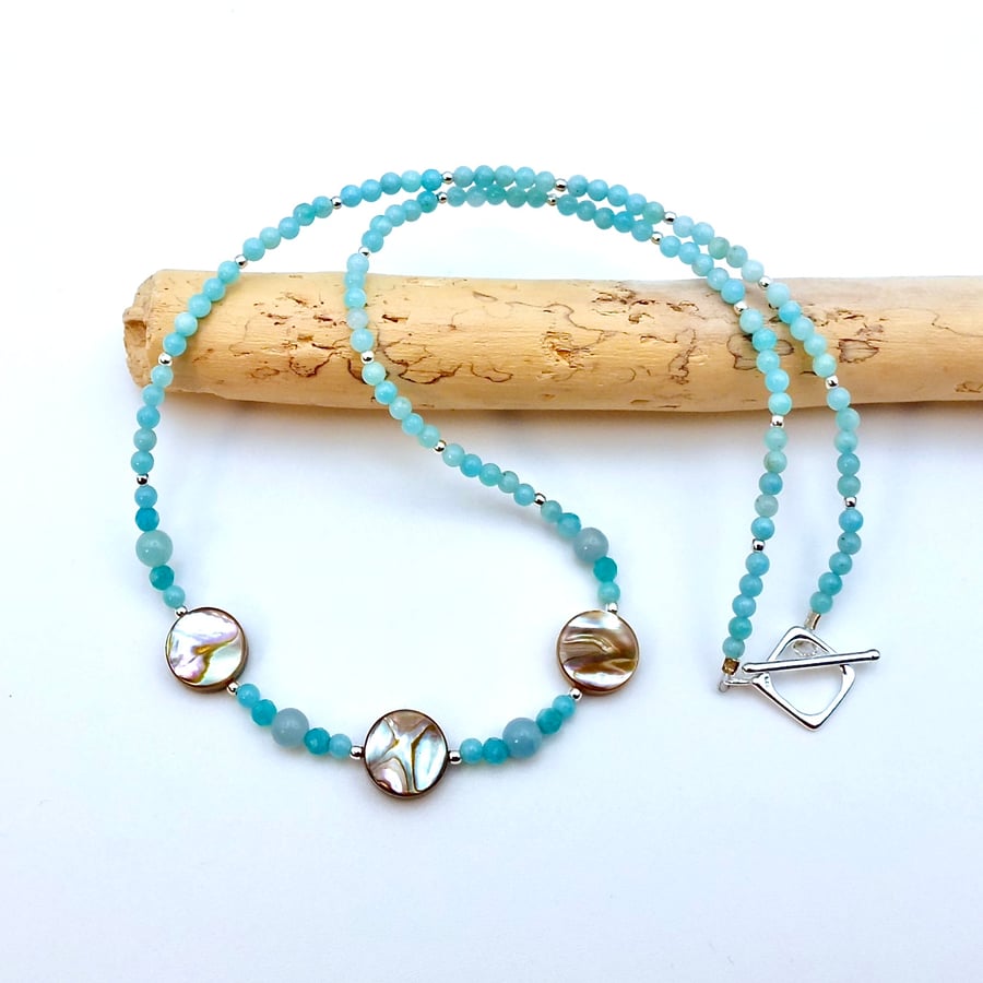 Amazonite Necklace With Abalone Discs & Sterling Silver, Birthday Gifts For Her