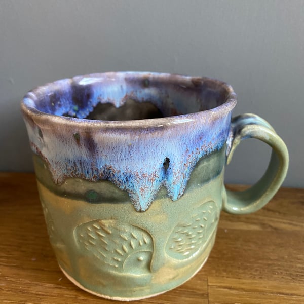 Textured large handmade stamped hedgehog mug  stoneware 