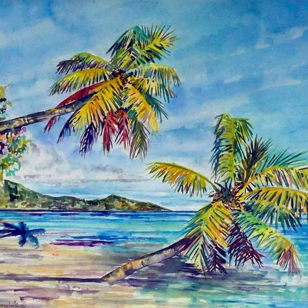 Original  Watercolour of Idyllic Tropical Beach