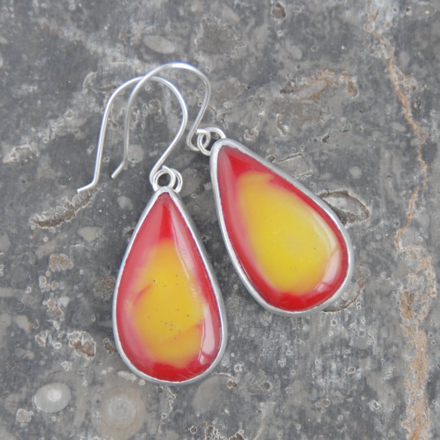 Bowlerite drop earrings - raspberry red and yellow 