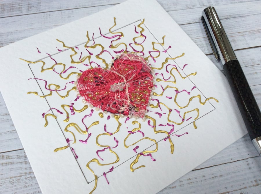Embroidered up-cycled fabric heart Art Card.