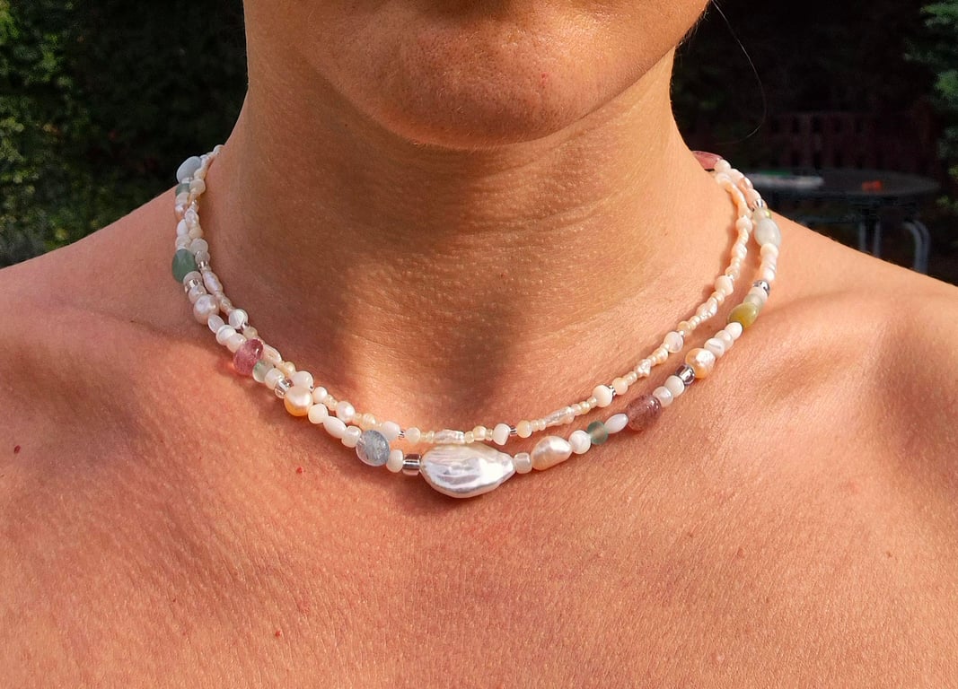 Pearl Choker, Freshwater Pearl, Baroque Pearl Pendant,  Shell Beads, Layered Cho