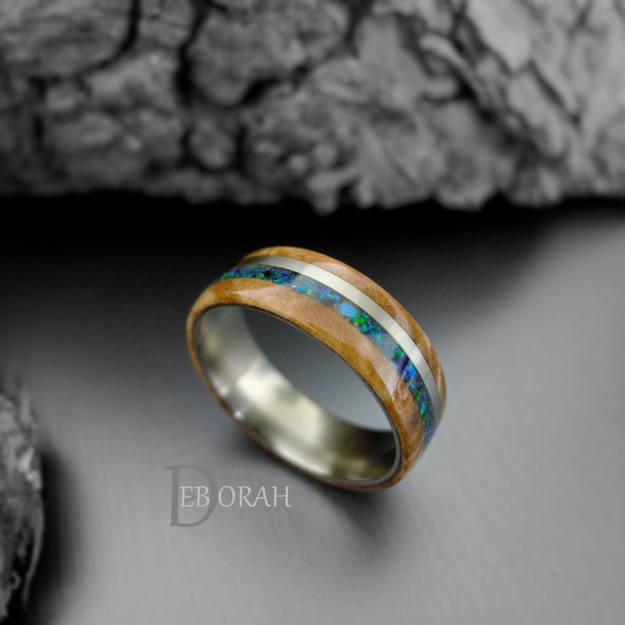 Titanium Wood Opal Ring. Titanium Band Birch Wood & Green Blue Opal Inlay