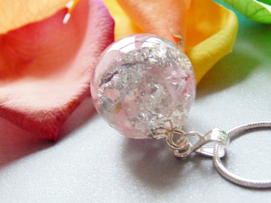 Rose Quartz with Silver Flake Resin Pendant, Resin Orb Necklace