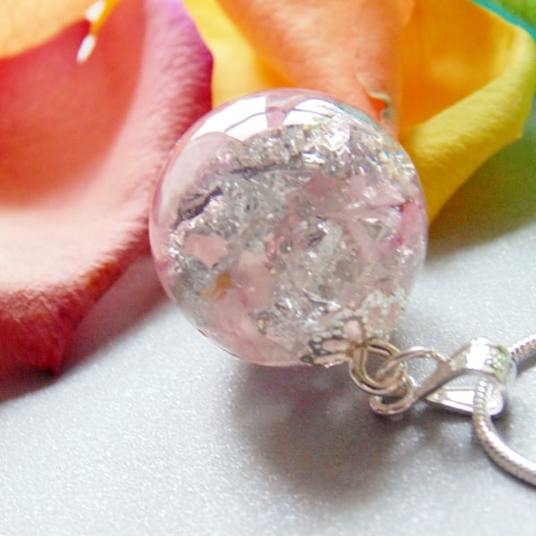 Rose Quartz with Silver Flake Resin Pendant, Resin Orb Necklace