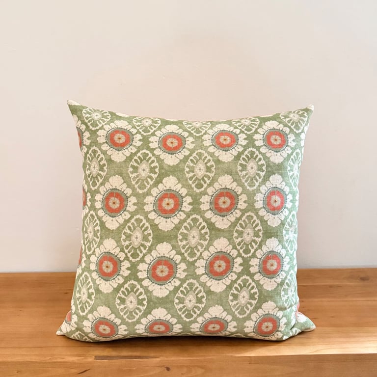 Maya Apple Green & Paprika Floral Cushion Cover, Square Cushion