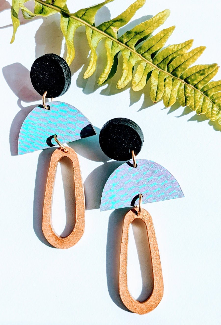 Colourful, monoprinted, wooden statement earrings (The Belstone earrings) 
