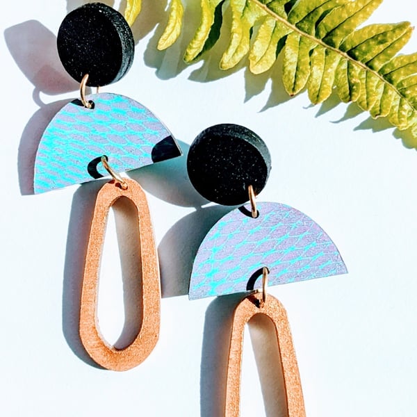 Colourful, monoprinted, wooden statement earrings (The Belstone earrings) 