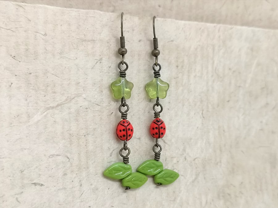Ladybird, leaf and flower earrings, green and red earrings 