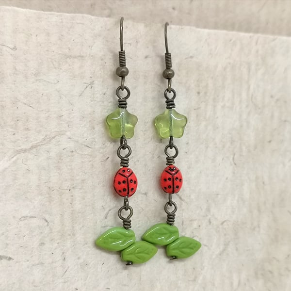 Ladybird, leaf and flower earrings, green and red earrings 