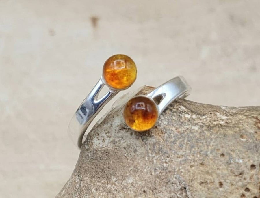 Adjustable Two Stone Amber Ring. 925 sterling silver rings for women