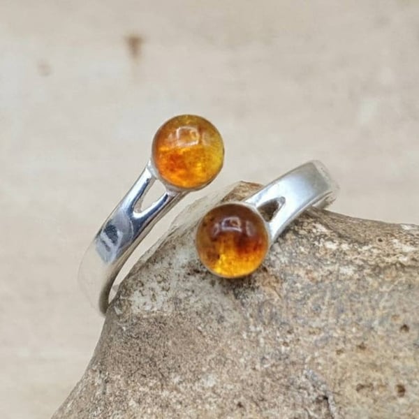 Adjustable Two Stone Amber Ring. 925 sterling silver rings for women