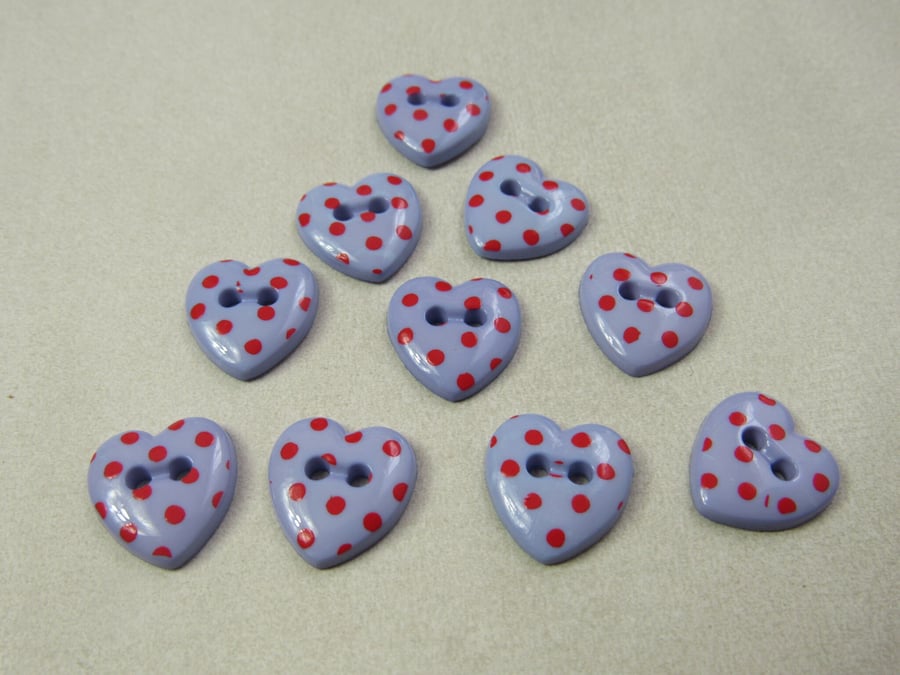 10 Pastel Purple Spotty Heart Buttons
