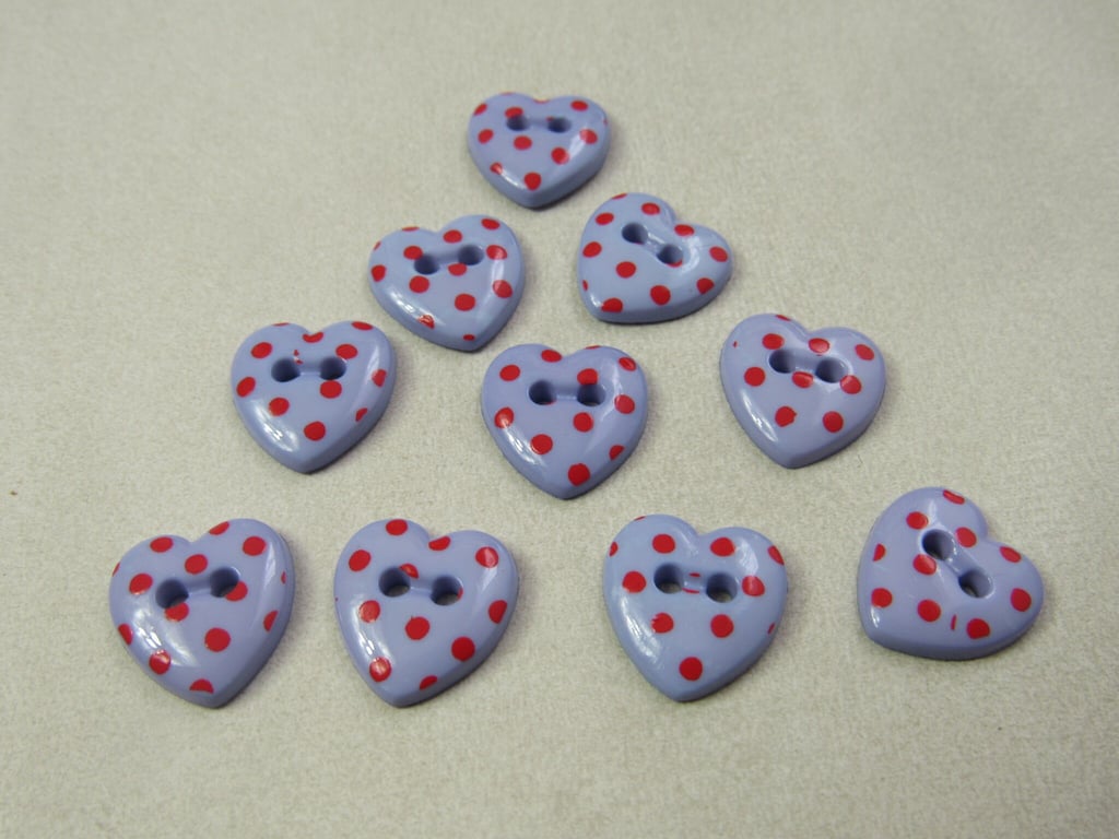 10 Pastel Purple Spotty Heart Buttons
