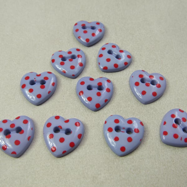 10 Pastel Purple Spotty Heart Buttons