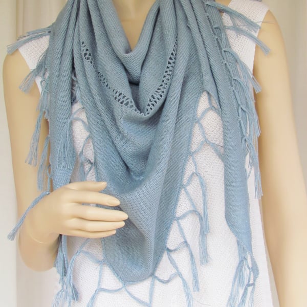 Triangular Linen Scarf with Knotted Tassels