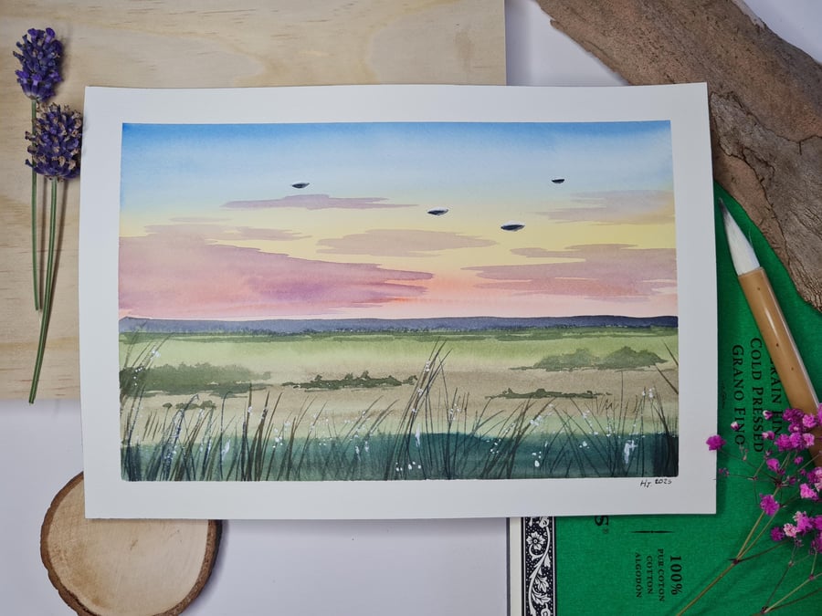 Original watercolour painting, The arrival, alien wall art