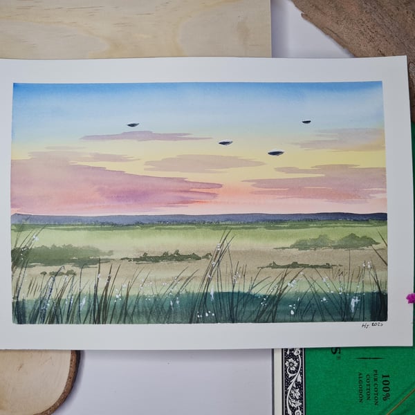 Original watercolour painting, The arrival, alien wall art