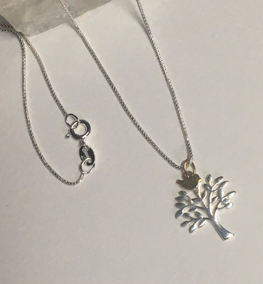 Sterling silver tree of life and Goldfill bird necklace