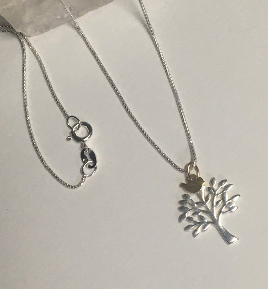 Sterling silver tree of life and tiny bird necklace