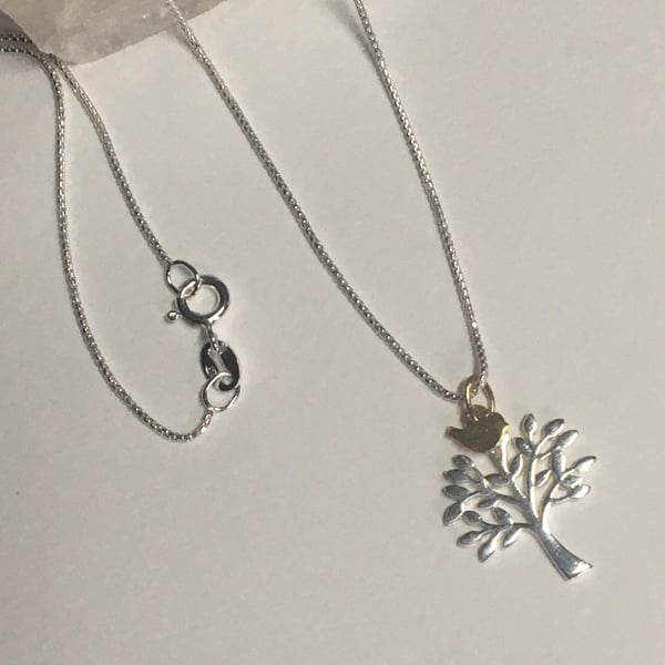 Sterling silver tree of life and tiny bird necklace