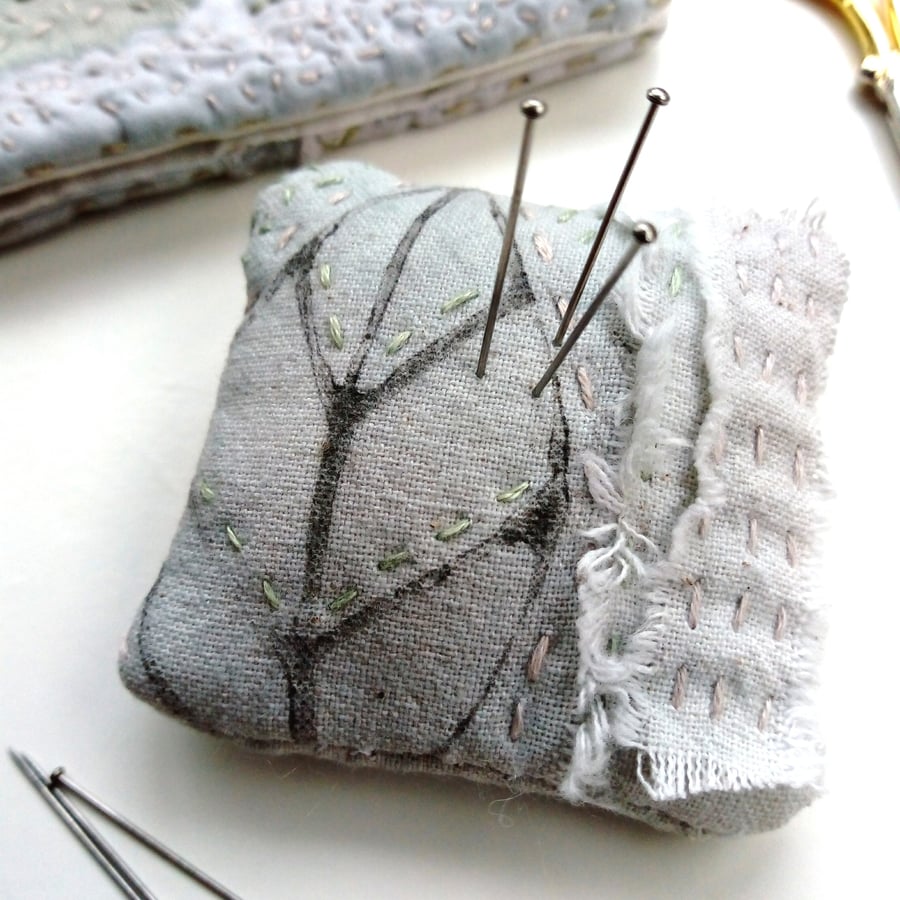 Hand Embroidered Pin Cushion with Leaf Design Print