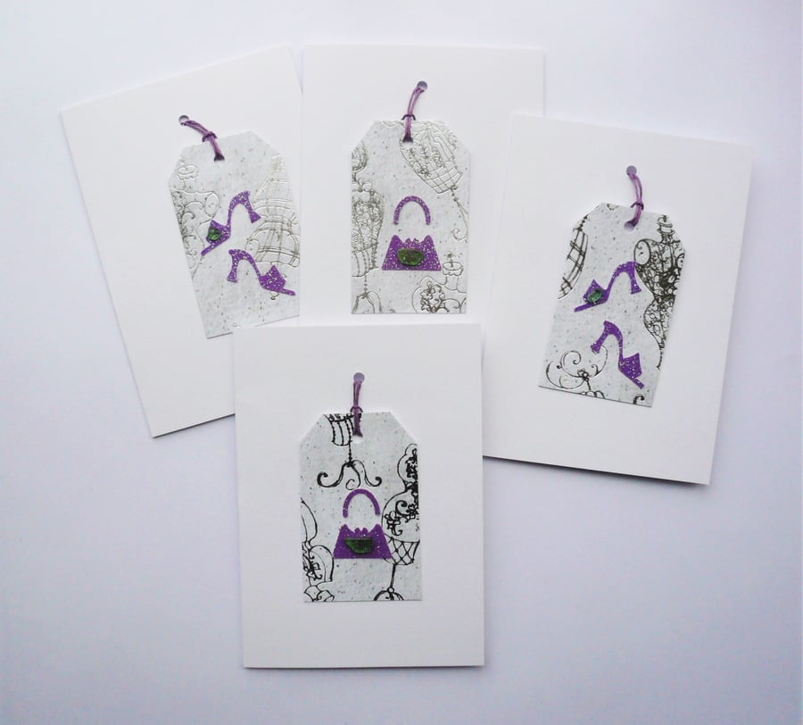 4 Pack Purple and Silver Sea Glass Shoes and Handbag Themed Cards  Handmade