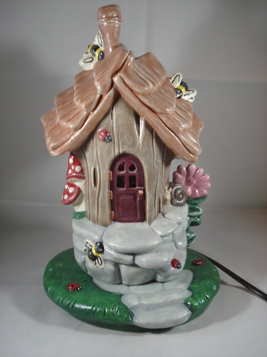 Ceramic Woodland Fairy Cottage House Table Lamp LED Light Ornament Decoration.