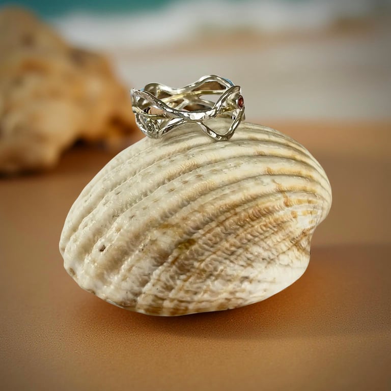 Silver And Gold Wave Ring With Diamonds And Garnets