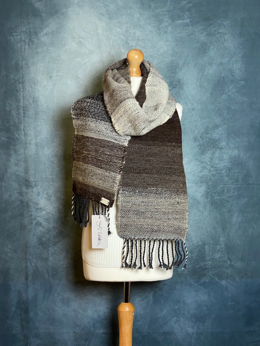 Luxury handwoven scarf in handspun wool.