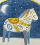 Dala horse in a winter landscape original gouache painting  - Image 3