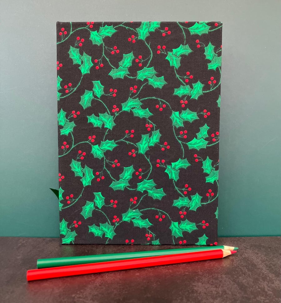 Handbound A5 Green & Red Vintage Fabric Holly Leaf Sketchbook, Notebook, Journal