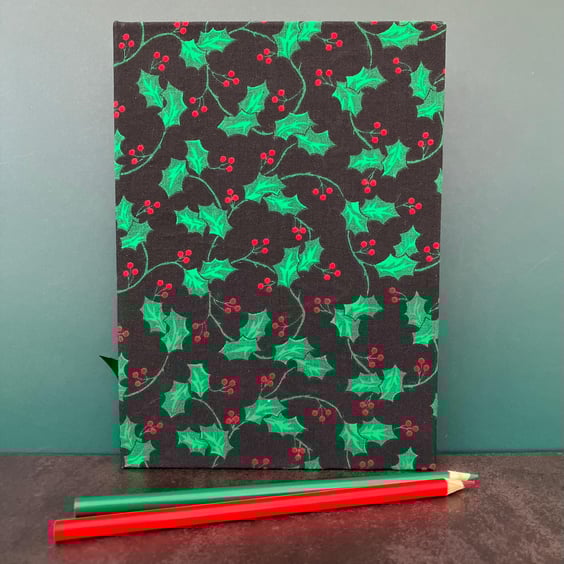 Handbound A5 Green & Red Vintage Fabric Holly Leaf Sketchbook, Notebook, Journal