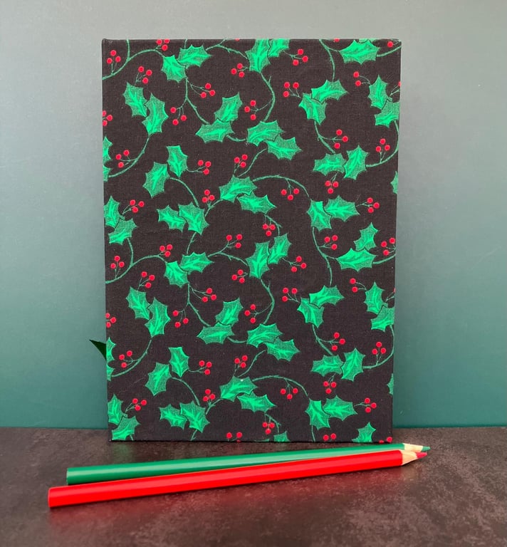 Handbound A5 Green & Red Vintage Fabric Holly Leaf Sketchbook, Notebook, Journal
