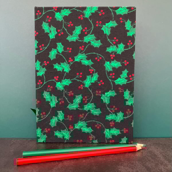 Handbound A5 Green & Red Vintage Fabric Holly Leaf Sketchbook, Notebook, Journal