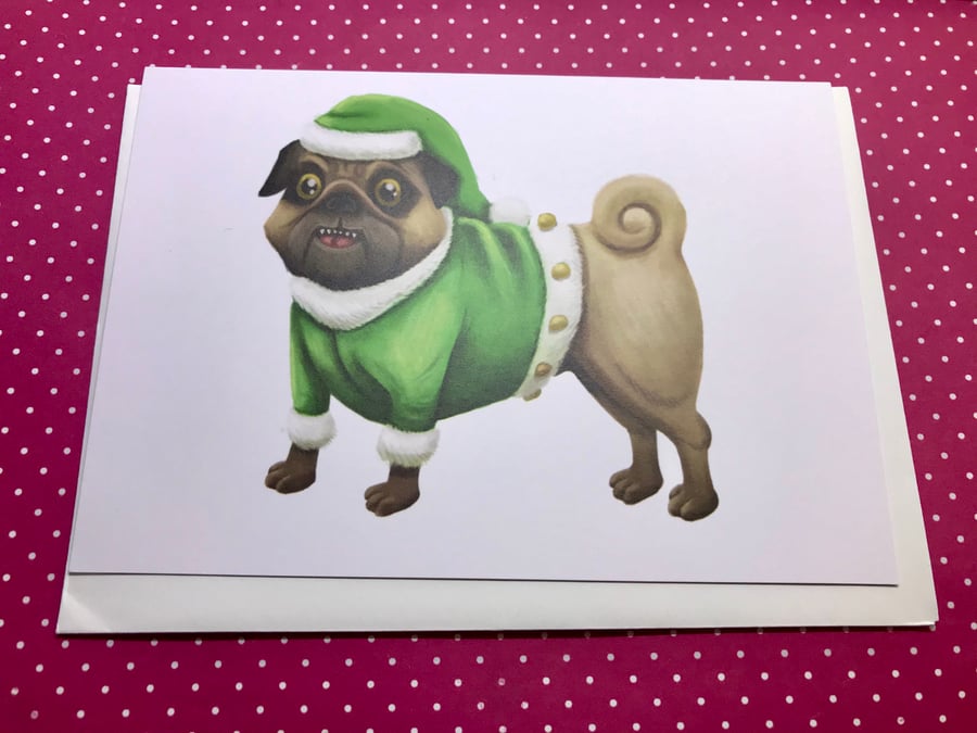 Christmas Elf Pug Greeting Card