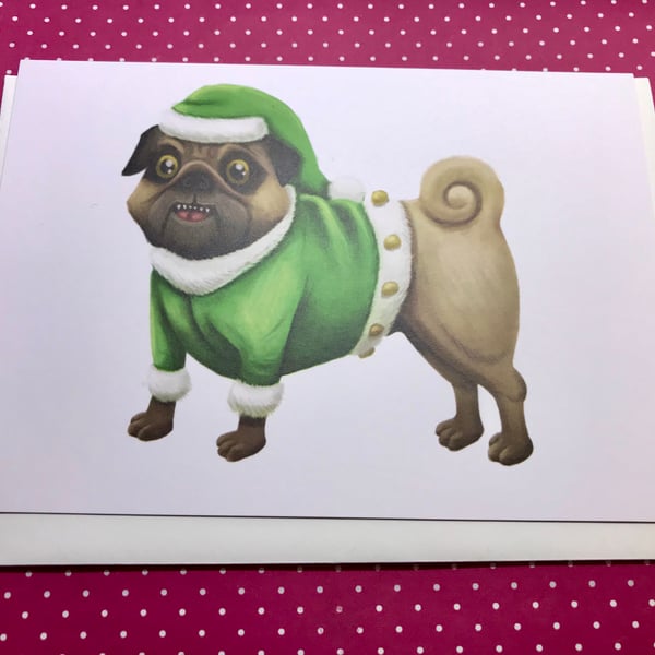 Christmas Elf Pug Greeting Card