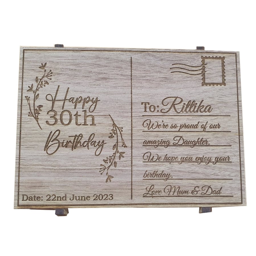 Personalised Wooden Post Card Premium Birthday Message and Date Handmade 