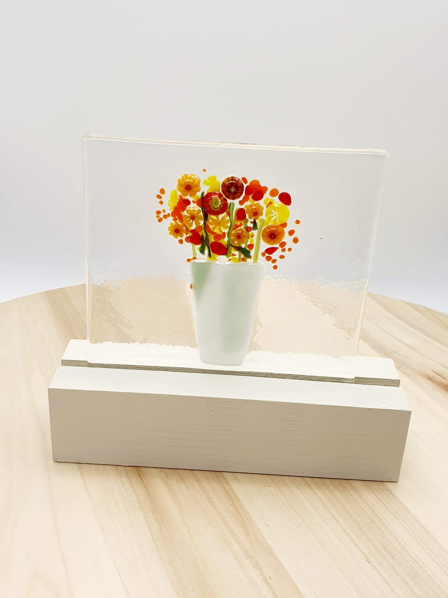 Fused Glass ‘Everlasting Flowers In A Vase’Picture on A Wooden Stand