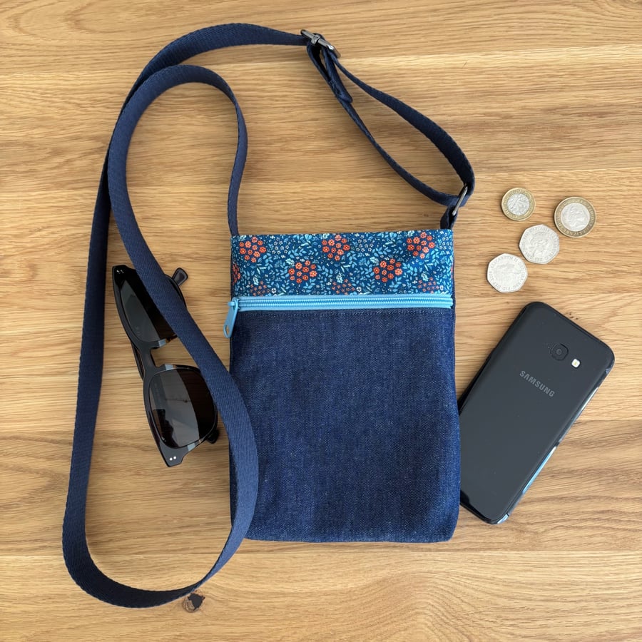 Fabric crossbody bag, phone bag, dark blue denim with an adjustable strap