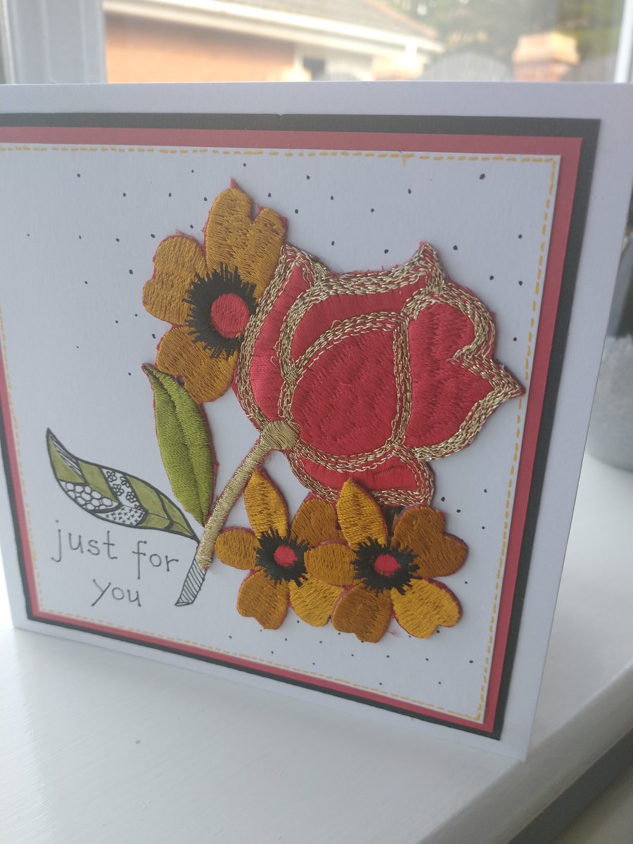 Red rose embroidered just for you card