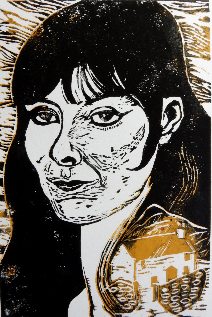 Portrait of Sheila Fell Original Hand Pressed Linocut Print Limited Edition