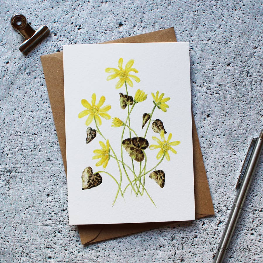 Lesser Celandine Botanical Watercolour Greeting Card by CottageRts