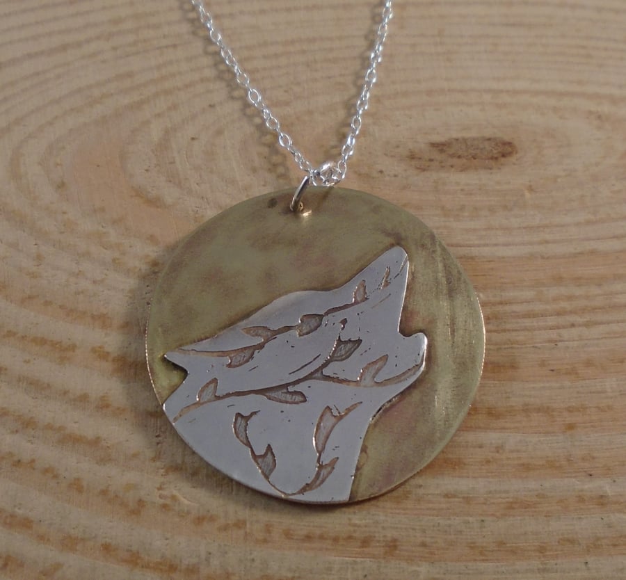 Sterling Silver and Brass Etched Howling Wolf Necklace