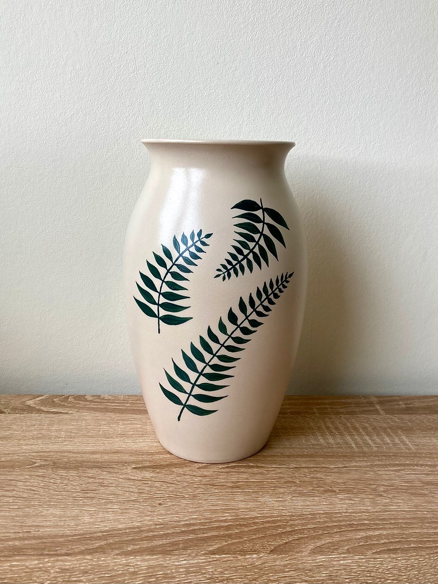 Upcycled Hand-Painted Tall Vase with Leaf Pattern