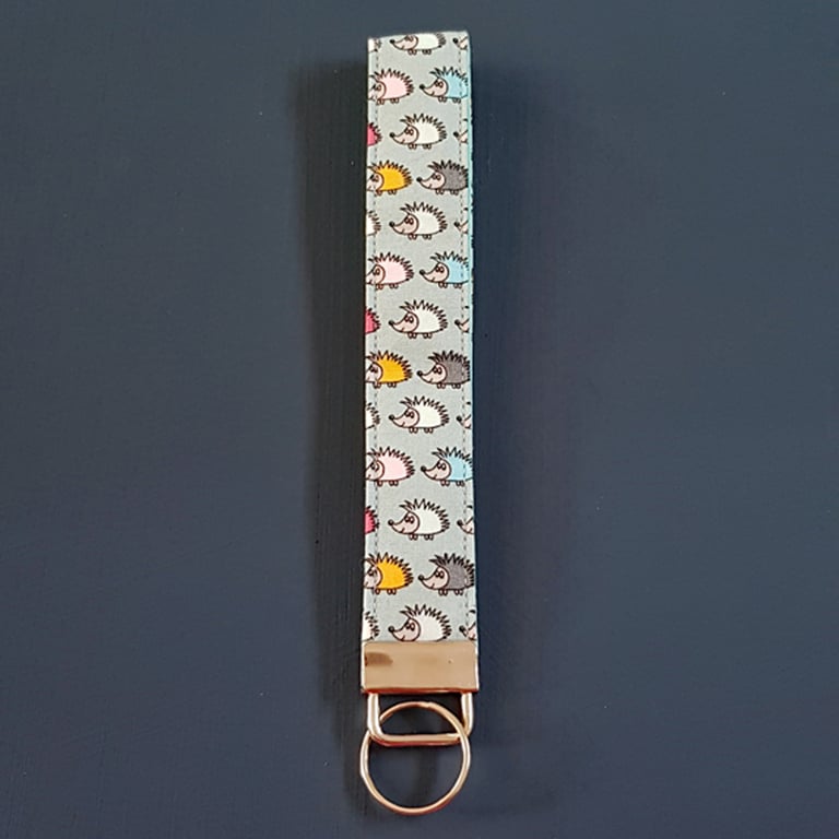 Handmade Cute Hedgehog Print Wristlet Keyring - Fabric Keyfob