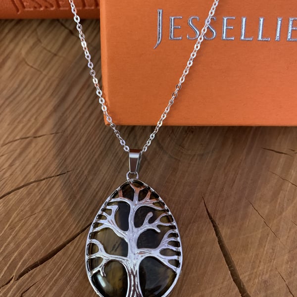 Tigers Eye Crystal Tree Pendant Necklace