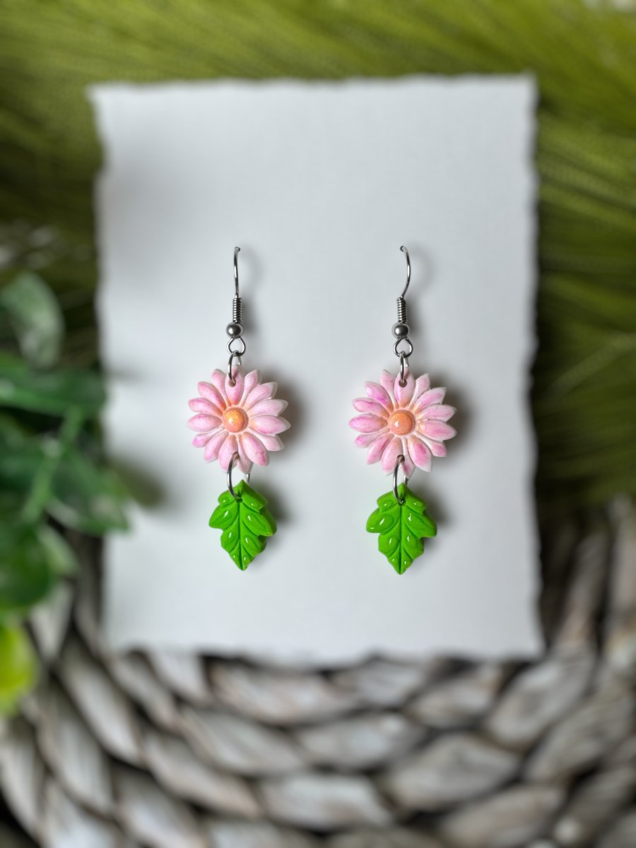 Pink Daisy and Leaf Polymer Clay Earrings 